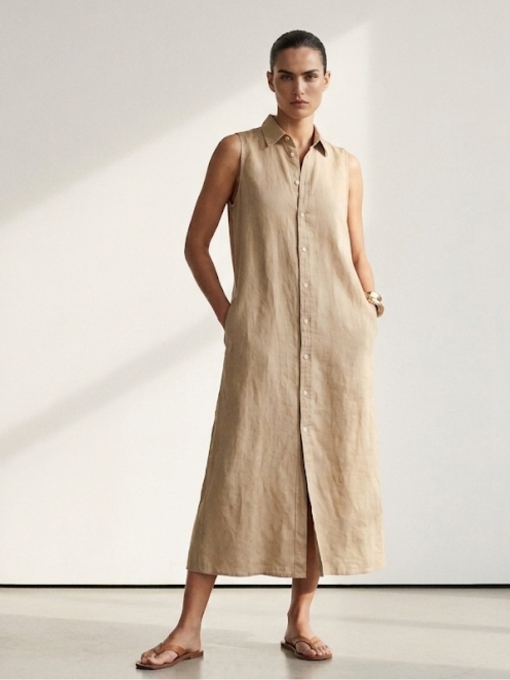 Polo Ralph Lauren Khaki Tan Collared Midi Shirt Dress with Pockets Size 8